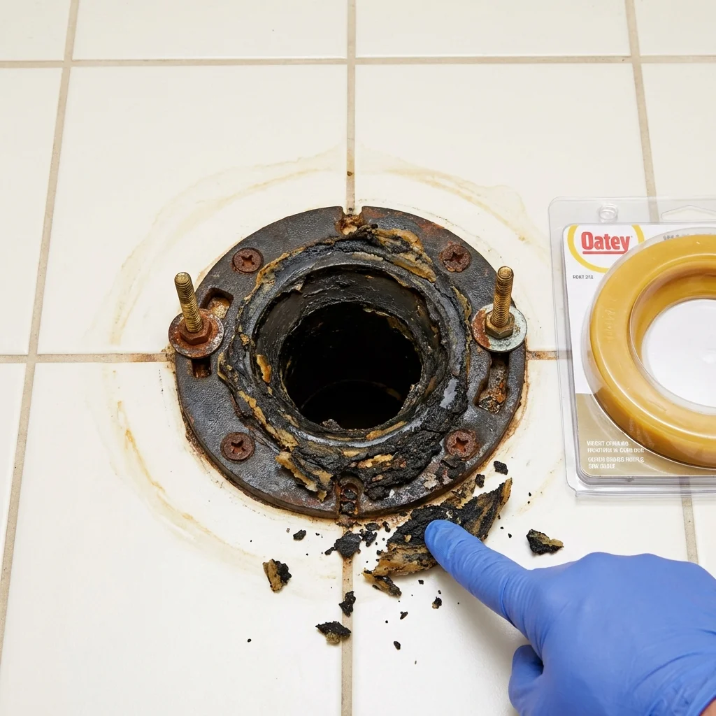 Failed wax ring showing water seepage at the base of a toilet in a Clinton, MT home