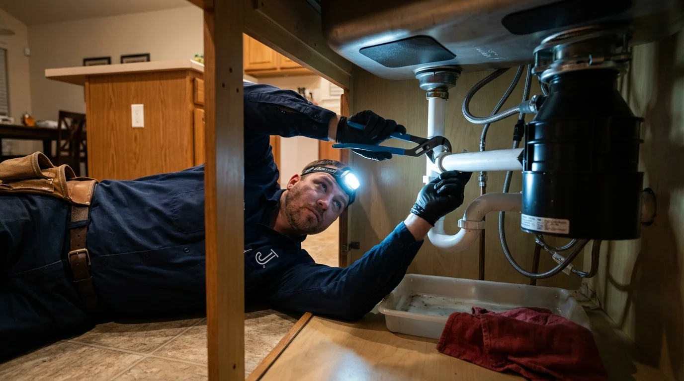 P-trap and supply line connections under a kitchen sink showing a common leak point in Clinton, MT